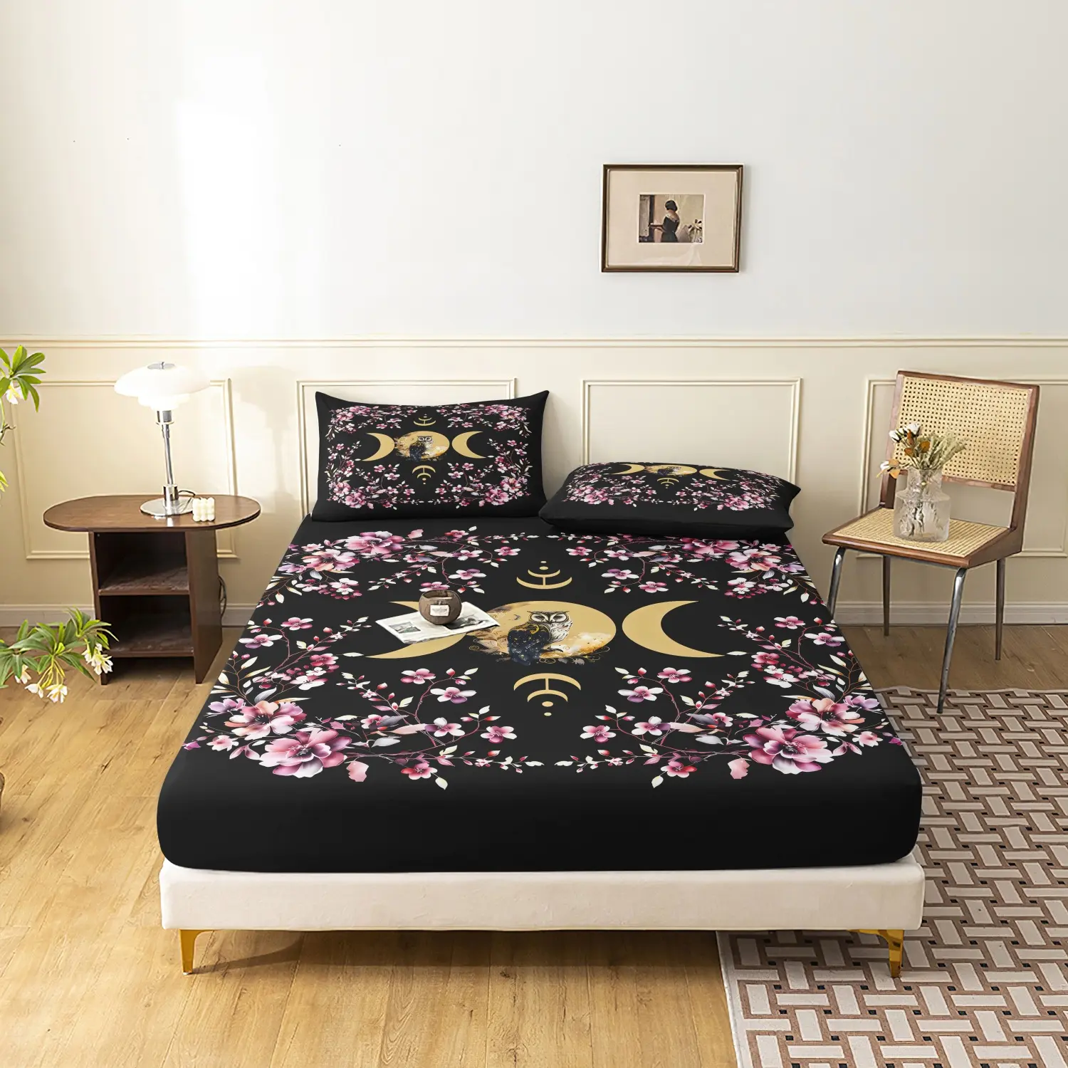 3pcs Pink Flower Lunar Phase Owl Fitted Sheet Set, Bohemian Triple Goddess Moon Bedding,Room And Dormitories Mattress Protector, Floral Bedding(1 Fitted Sheet + 2 Pillowcase No Pillow)