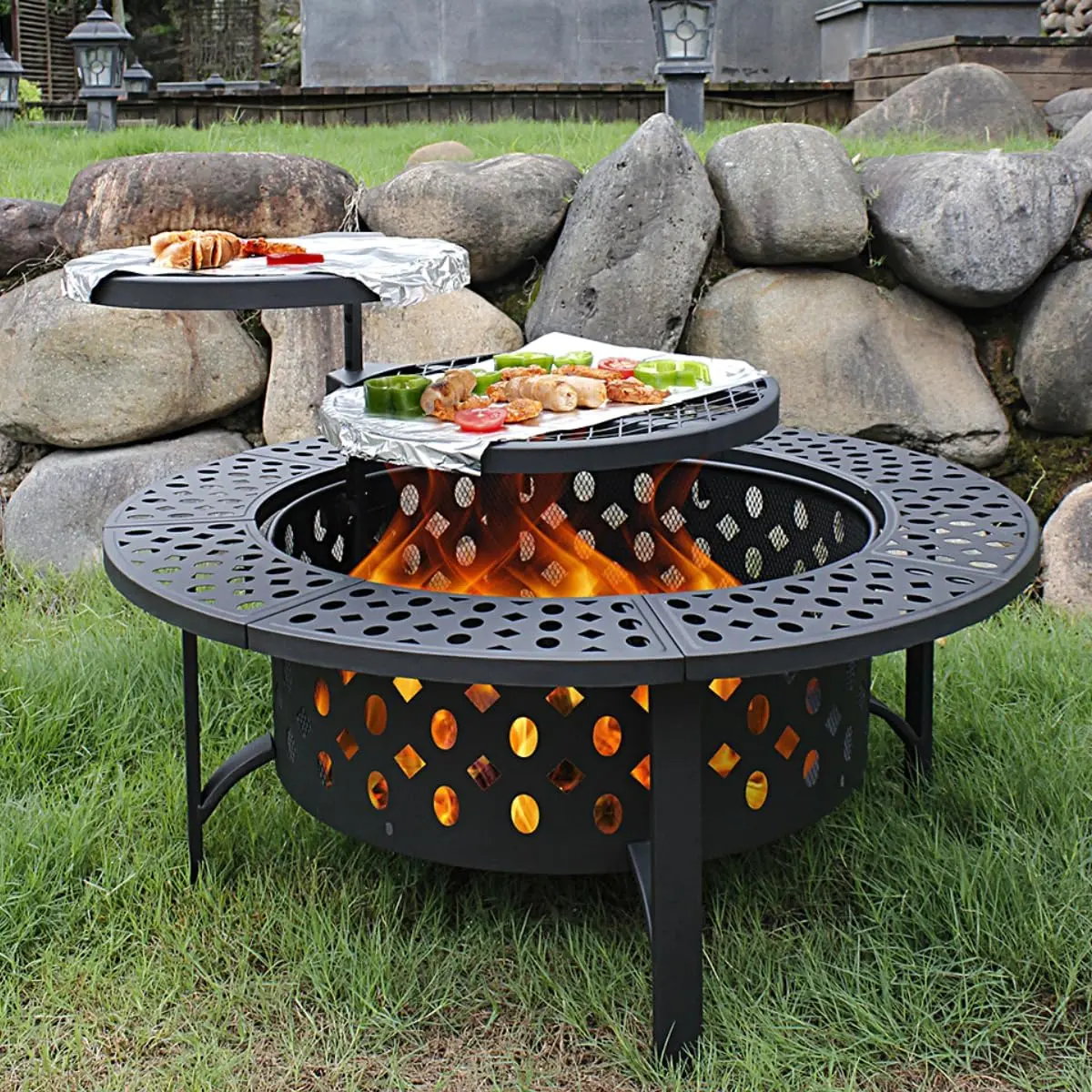 36-In Large Geometric Multi-Use Wood Burning Fire Pit - 2 Grills, Lid, Poker, Round Waterproof Cover, 3-in-1 BBQ & Outdoor Metal Table for Patio, Picnic