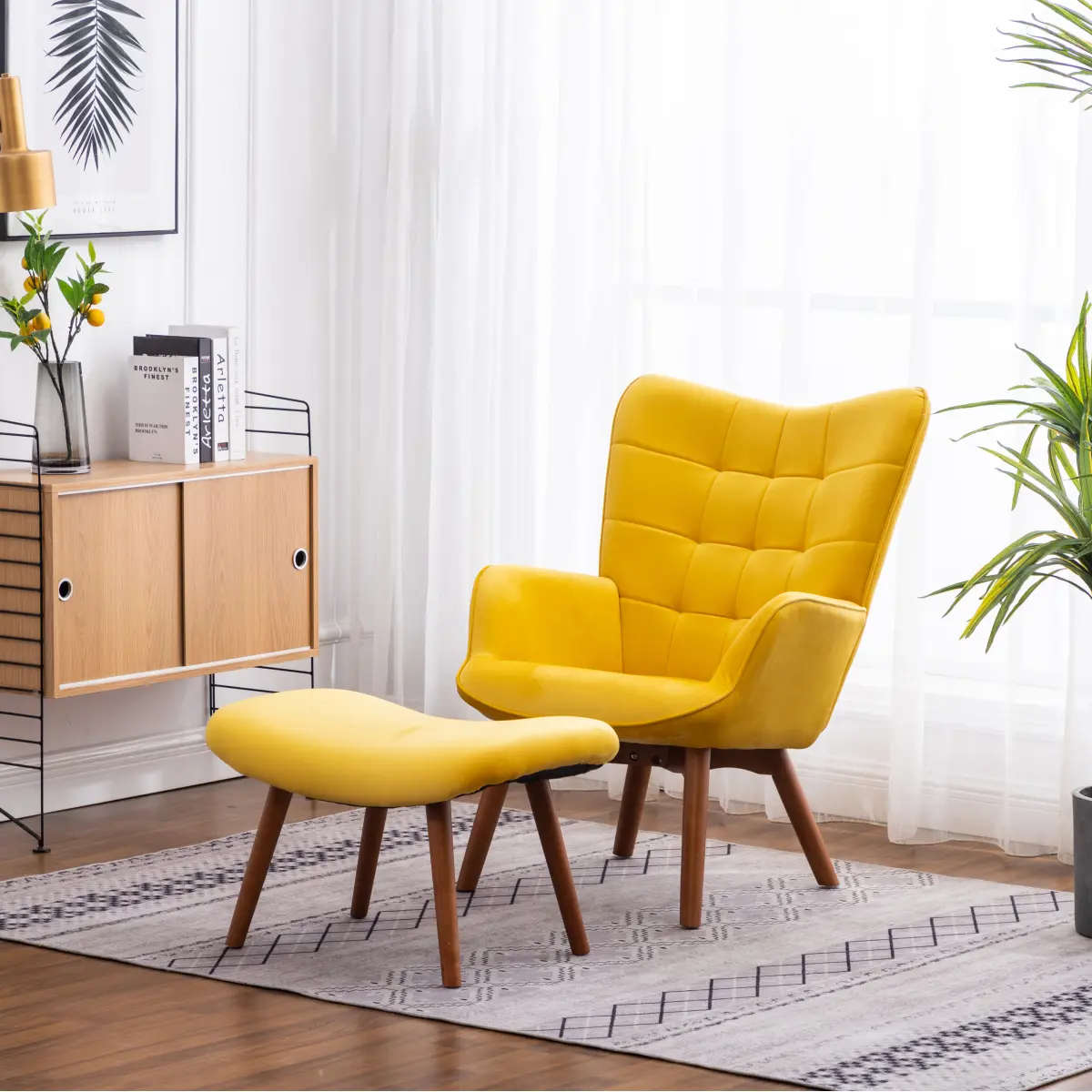 Mid-Century Retro Wood Wingback Accent Armchair with Ottoman - Yellow Silky Velvet, Button-Tufted Seat, Foam Cushioning, Welted Arms, 28.75"w x33"d x37"h (33.00 in. x28.75 in. x37.00 in.), 18.5"w x20.5"d x17"h Seat, 40.10 lbs, Assembly Required, 33.00 In.