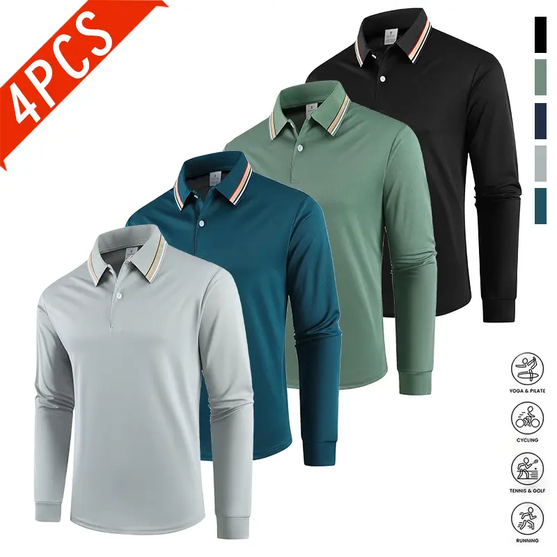 Four-pack men’s casual long-sleeve quick-dry polo shirts suitable for golf and tennis; comfortable cycling apparel with a stylish color-block design at the collar and cuffs—an excellent gift for him.