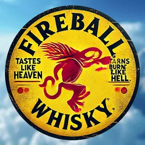1PC 2D Flat "Fireball Whiskey" Retro Classic Round 20.32cm Vintage Metal Sign, wall metal plaque, Whiskey Flame, for Home and Wall Decoration Art - Perfect for Bars, Coffee Shops, Clubs, Dorms - Perfect New Year Gift, Valentine's Day Gift