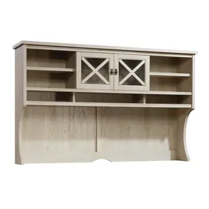 Sauder Costa Hutch with Adjustable Shelves Open Bookshelf Bookshelf Rack Coastal Inspired Design Framed Glass Doors Cubbyhole Storage Easy Assembly