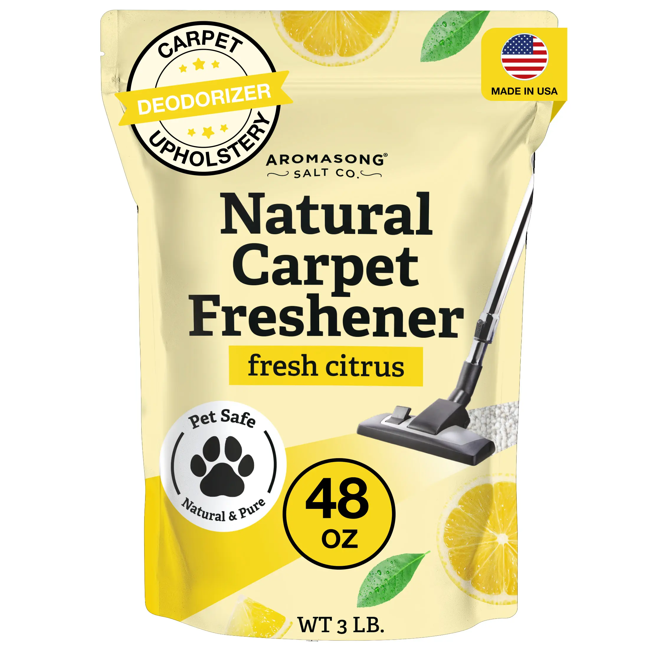 AROMASONG Scented 3lb Natural Household Carpet Freshener & Deodorizer - Lemon Fresh Citrus Scent, Pet-Safe Fabric Cleaner Powder, 24-Month Shelf Life, Made in USA Home Supplies Solution