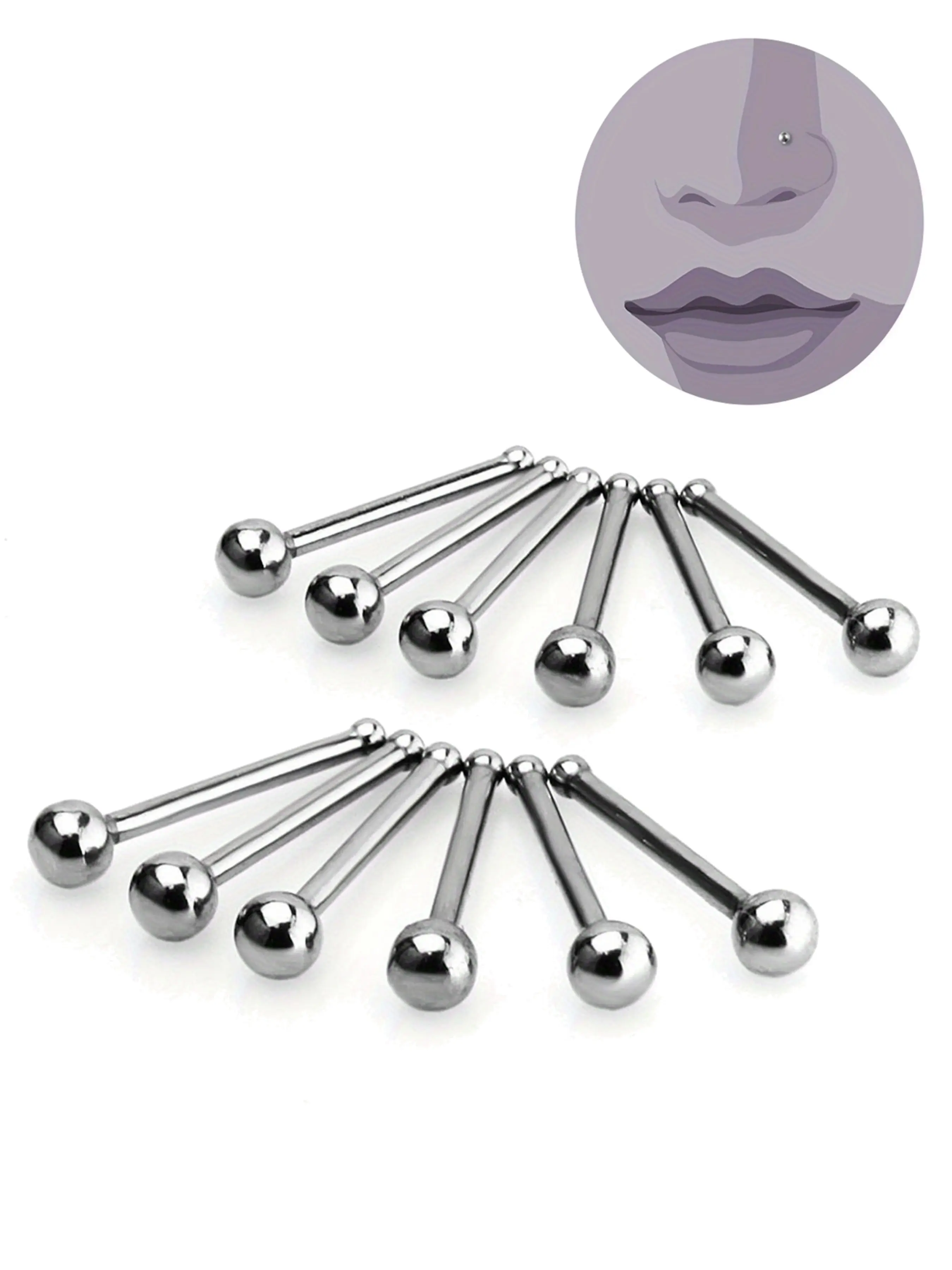 12pcs Stainless Steel Nose Studs for Men Women, Fashion Nose Piercing Jewelry, 18g 20g Bone Studs with 2mm Top Ball, Stud Nose Rings