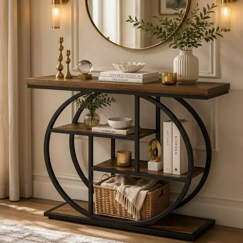 Walsunny Modern Rustic Brown Console Table, 41.3-Inch Narrow Sofa Table with Artistic Curved Metal Frame, for Hallway, Living Room