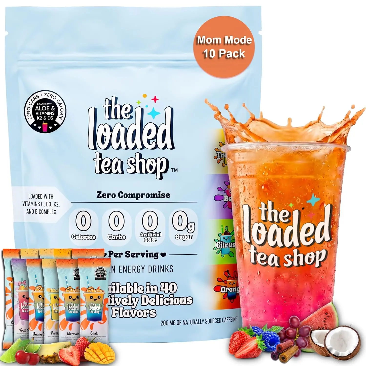 The Loaded Tea Shop Mom Mode Collection Energy Drink Mix Sticks, 10 Pack, Sugar-Free, Zero Calories, 200mg Natural Caffeine, B Vitamins, Powder Packets