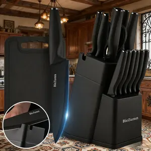 Professional black knife set, built-in sharpener holder, 15-piece kitchen knife set with cutting board, elegant black stainless steel, easy to clean, suitable for kitchen, camping and outdoor use, Mother's Day gift, dishwasher safe