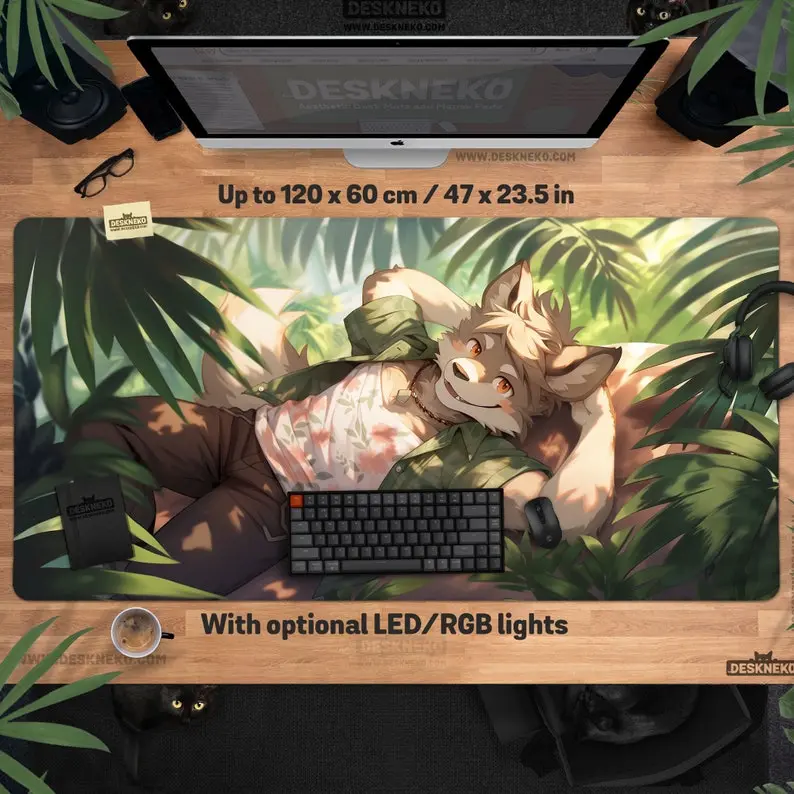Furry Desk Mat Tropical Wolf Mouse pad xl, Fox Dog Boy Deskmat xxl, cute anime animal hawaii, extra large mousepad xxl, office decor gift, Desk Mat Gifts