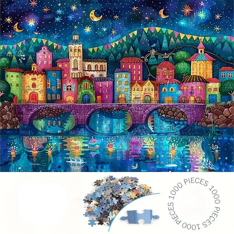 1000 Piece Cartoon Abstract Town Puzzle, Large Adult Family Interactive Toy, Interactive Fun, DIY Home Decor Brain Challenge, Holiday Scene, Holiday Theme, Perfect Gift