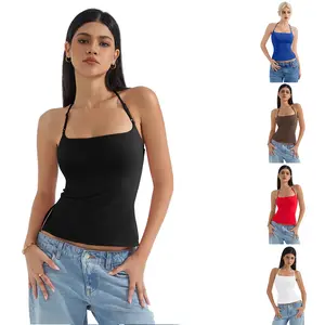 WoodBerry Women's Sexy Halter Double Lined Tank Top Backless Going Out Camisole Crop Top with Adjustable Spaghetti Straps & Full-Length Side Split
