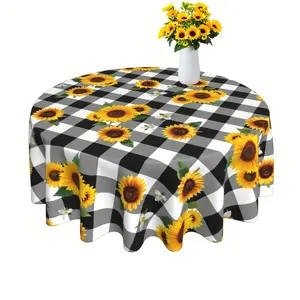 EastJia 1pc Polyester Round Elegant Tablecloth - Vibrant Sunflower Floral & Buffalo Plaid Farmhouse Design, Durable, Easy to Clean, Ideal for Party Dining & Room Decor, Machine-Made summerwins