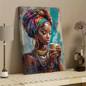 2D Flat [Hanging Art]African Woman Canvas Art， 1pc Vibrant African Woman Canvas Art Print with Colorful Turban & Jewelry - Modern Wall Decor for Living Room, Bedroom, Office - Indoor Pine Wood Framed wall art, African Home Decor