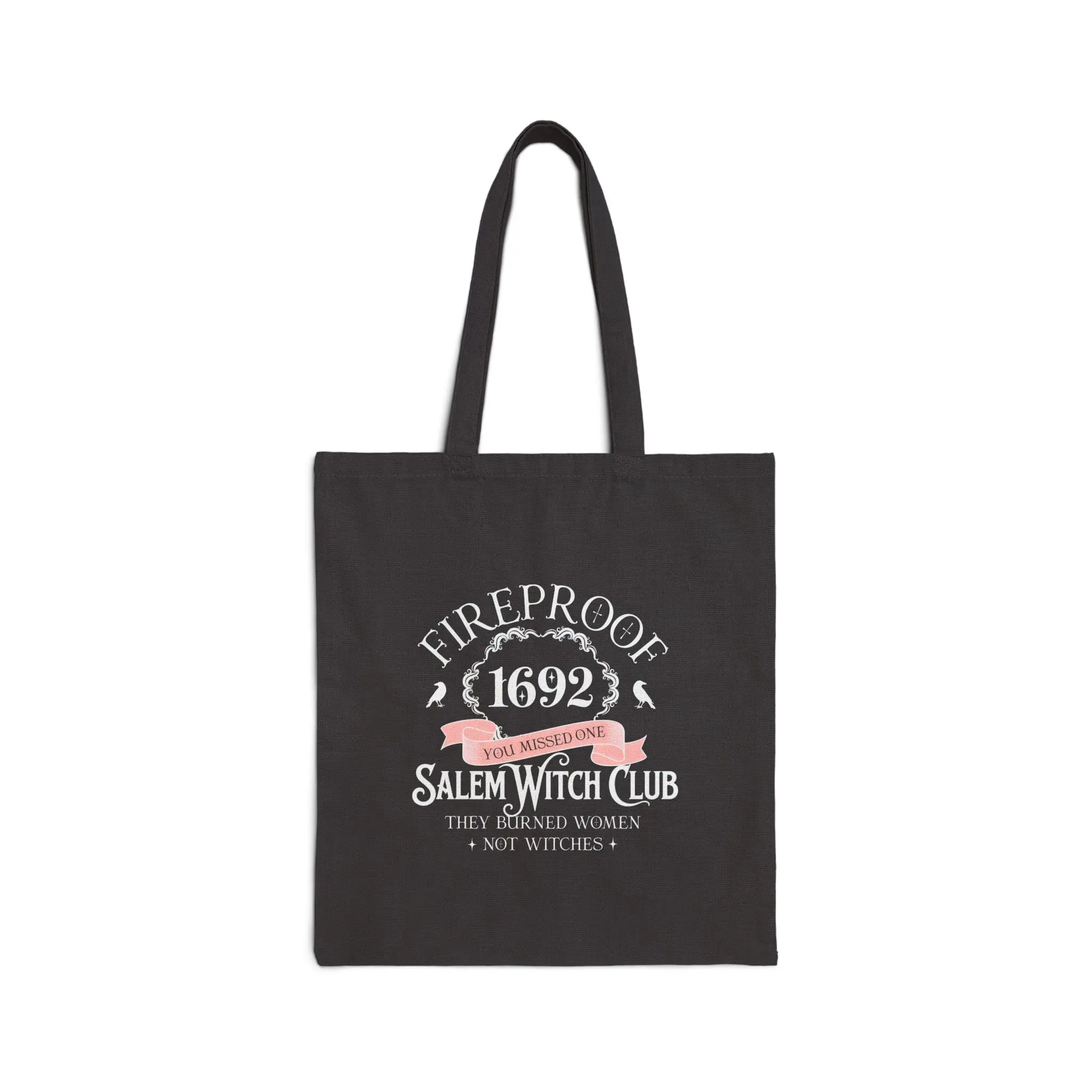 Fireproof 1692 Witches Cotton Canvas Tote Bag - Occult Witchcraft Salem Witch Trials, Halloween Trick or Treat, Potion and Spell Book Bag,