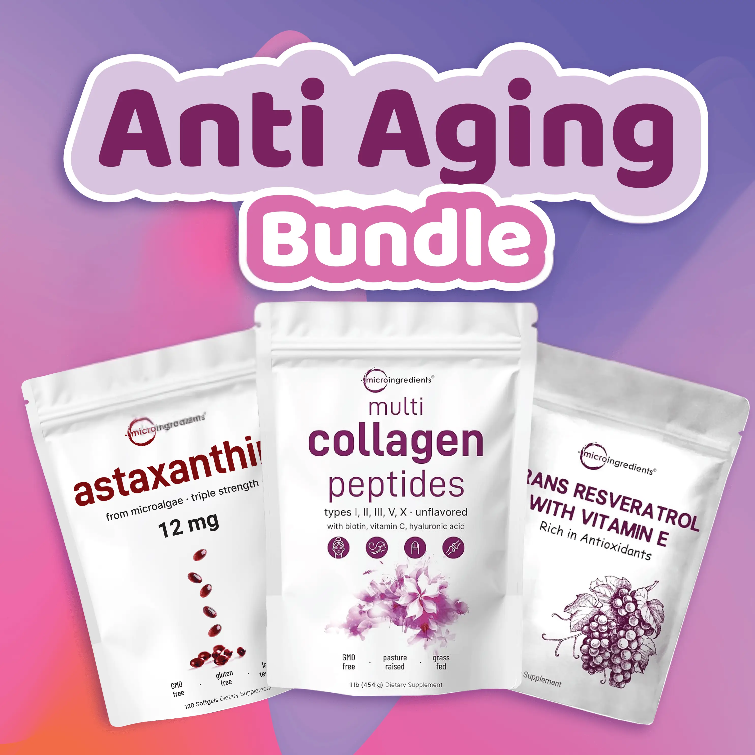 Micro Ingredients Anti-Aging Bundle: Multi Collagen Peptides Powder 1lb & Astaxanthin 120 Softgels & Trans Resveratrol with Vitamin E Powder 5oz