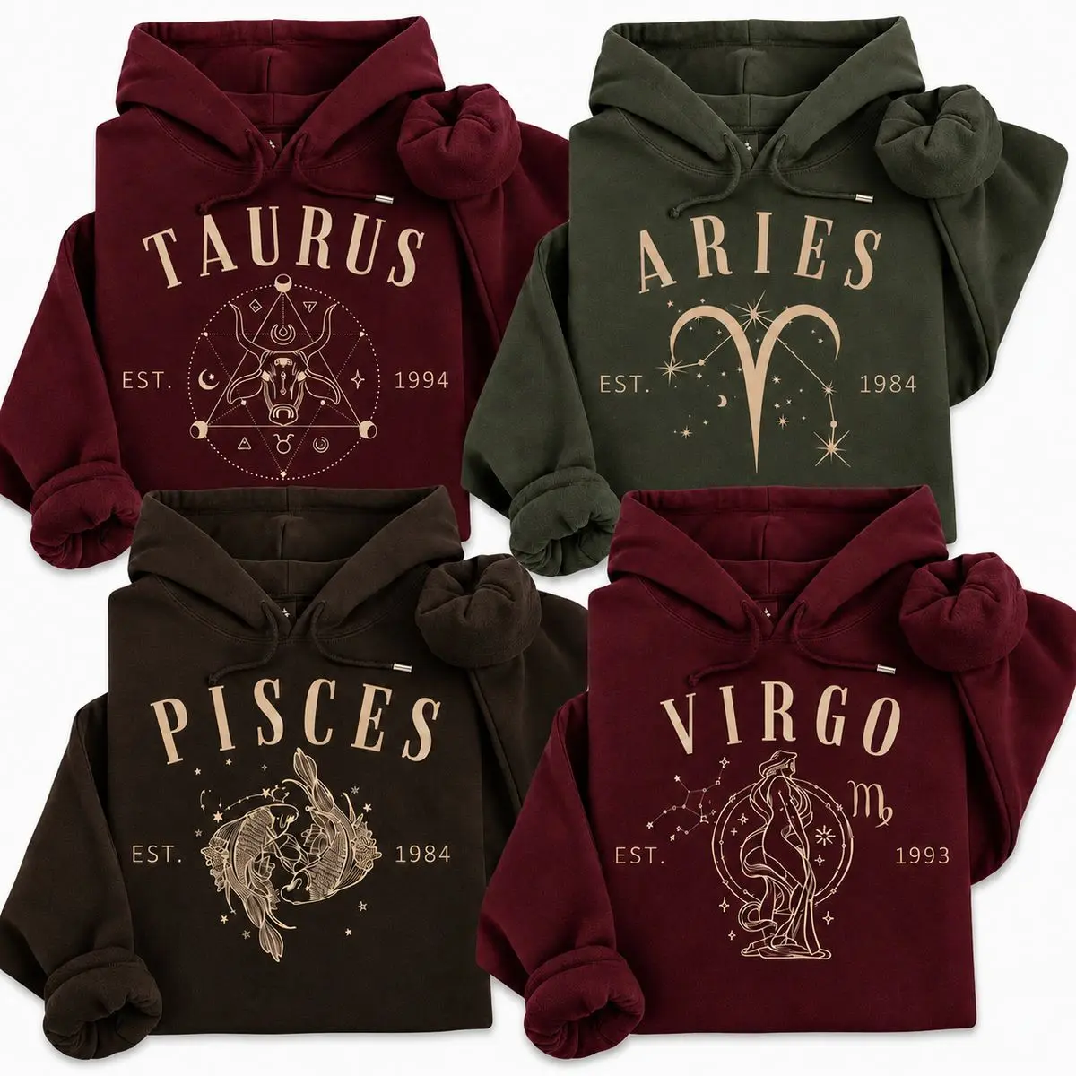 [Leave Note Est. Year] Full 12 Zodiac Hoodie, Taurus Aries Pisces Virgo Astrology Pullover, Vintage Celestial Sweatshirt, Birthday Gift For Women And Zodiac Lovers