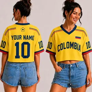 Women’s Custom Colombia Yellow Soccer Crop Top Jersey – Athletic Active Top, Casual Sports Shirt, Retro Tricolor Blokecore Fan Gift