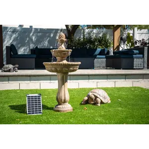 Warrenty Solar Fountain 39" Tall Sandstone 2-Tier Water Feature with Solar Panel & Pump Classic Outdoor Garden Sculpture