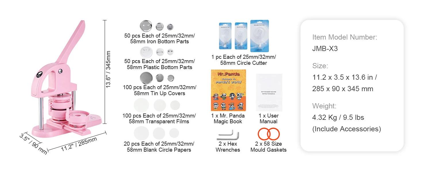 SucceBuy 3-IN-1 Button Maker Button Maker Machine with Panda Magic Book  Ergonomic Arc Handle Punch Press Kit