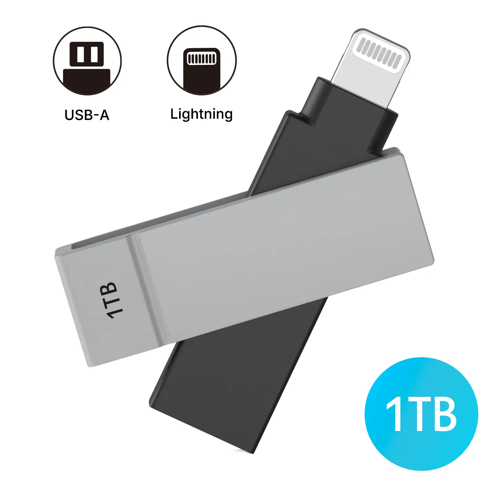 iXflash 1TB Lightning & USB A 3.2 Photo Stick Flash Drive for iPhone, iPad, Mac, & PC - Space Gray