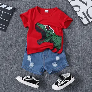 Summer Outfits For 9M-3Y Baby Boys Dinosaur Print Short Sleeve Tops Ripped Denim Shorts Set 2PCS Clothing,Ready Stock 22403030 Casual