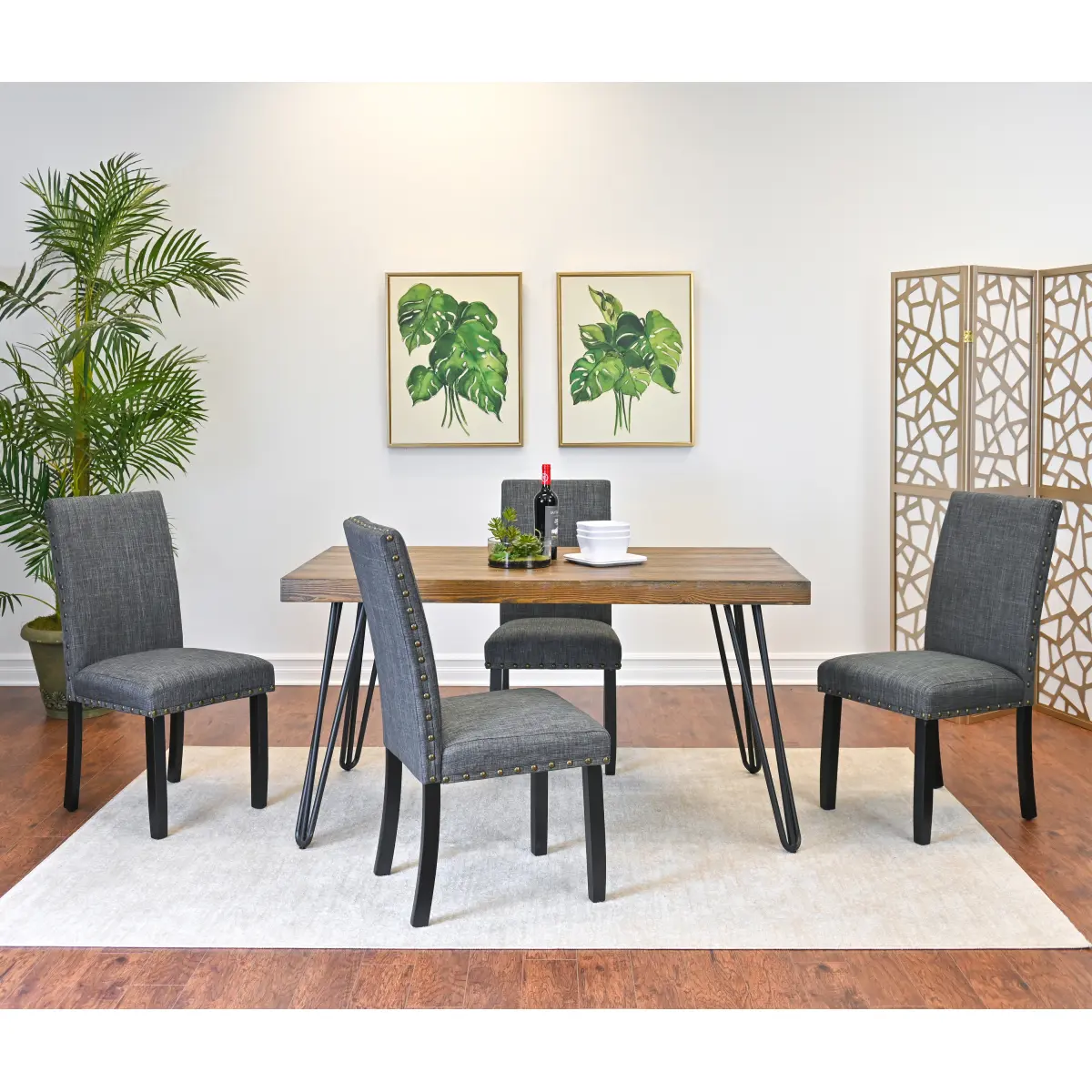 Amisos Sturdy Rustic Wood 5-Piece Indoor Set Combo - Hairpin Table (33w x 60d x 30h), 4 Assembly-Required Chairs with Well-Padded Seat and Back, Dark Pine & 2 Other Color Options for Dining Space