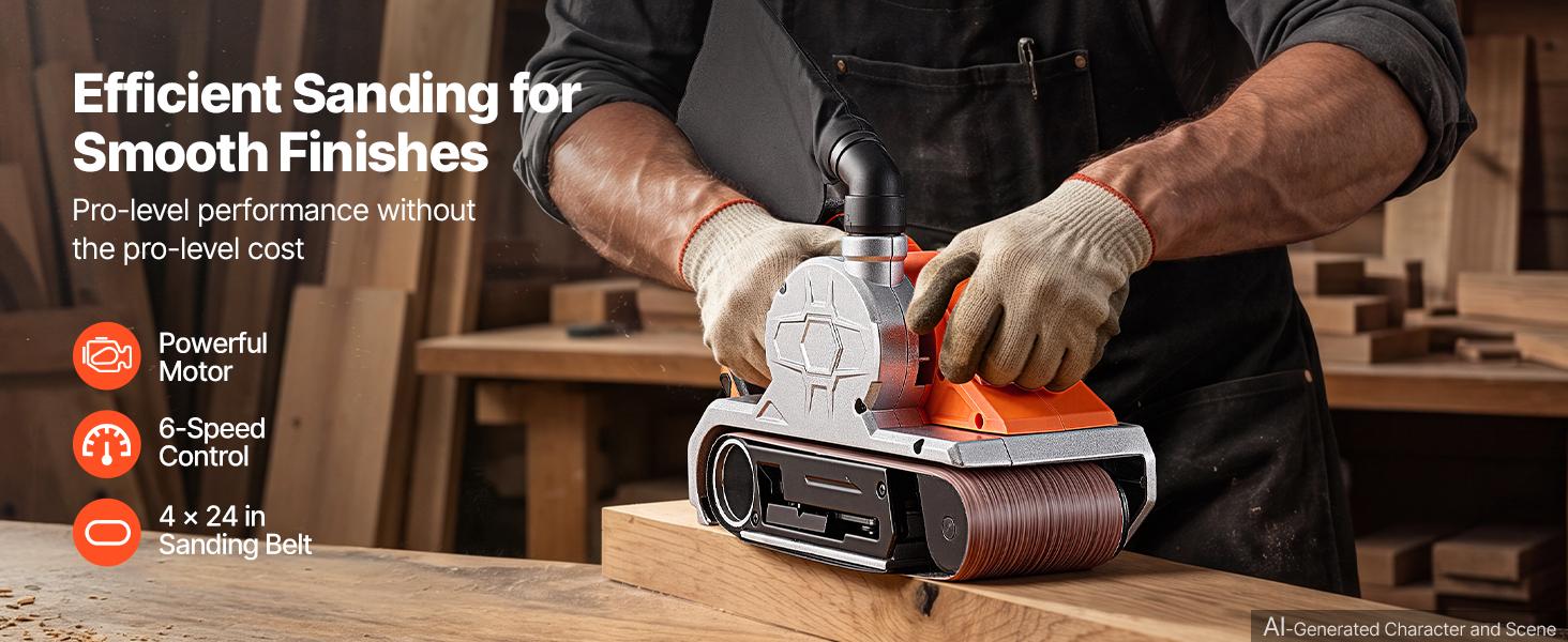 VEVOR 11.5A Belt Sander 4" x 24" Woodworking Belt Sander 6 Variable Speeds, 900-1550 FPM Sanding Machine with 10PCS Sanding Belts, 2 Dust Bags & 2-in-1 Vacuum Adapter for Woodworking Projects