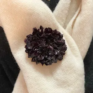 Real Dried Deep Black Burgundy Dahlia Flower Brooch in Resin for Coat, Scarf, Hat.