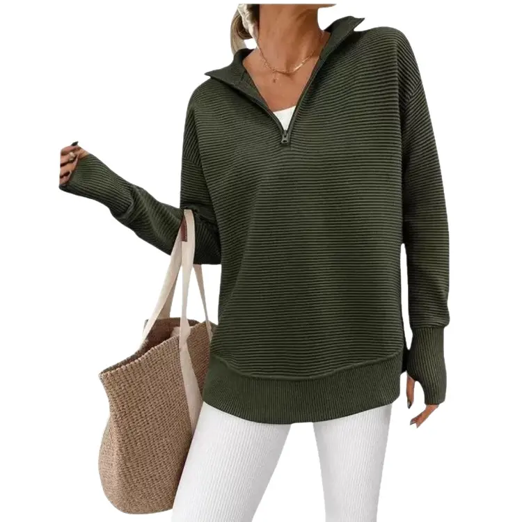 Women's Long Sleeve Quarter Zip Pullover Sweater Casual Loose V Neck Collared Ribbed Knit Jumper Tops Thumb Hole Cozy Ribbed Knit Soft Warm T