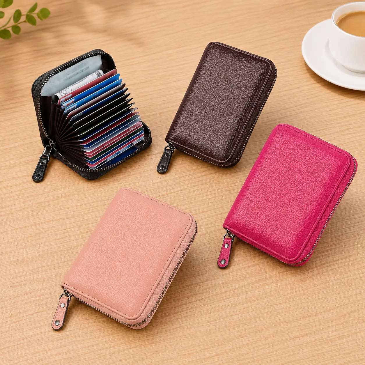RFID Blocking Slim Wallet for Men and Women, PU Leather Card Holder with 20 Card Slots, 2 ID Windows and Zipper Pocket
