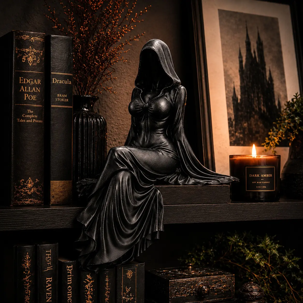 Gothic Lady Reaper Figurine, Statue Figurines, Dark Academia Bookshelf Decor, Mysterious Accent, Gothic Hooded Woman Statue, Witchy Spooky Accent for Alt Aesthetic, Decorative Statues, Dark Figure Decor