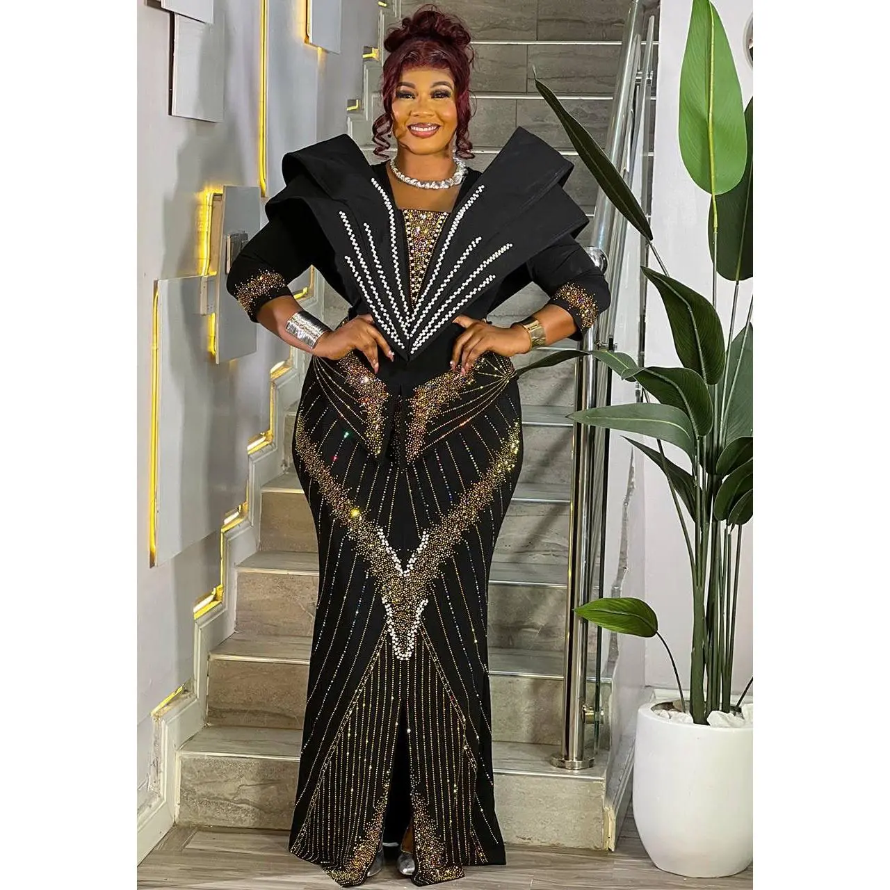 Black Embellished Structured Shoulder Maxi Dress for Wedding Party Cocktail Birthday Church Gala Anniversary Mother of The Bride Outfit
