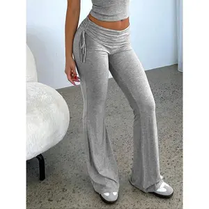 Women’s high-waisted flared (bell-bottom) pants with elastic pleats and a drawstring; slim-fit casual yoga pants; soft, comfortable gym/running wear; casual streetwear; daily fashion trend Y2K-style bottoms; high-waisted yoga bottoms.