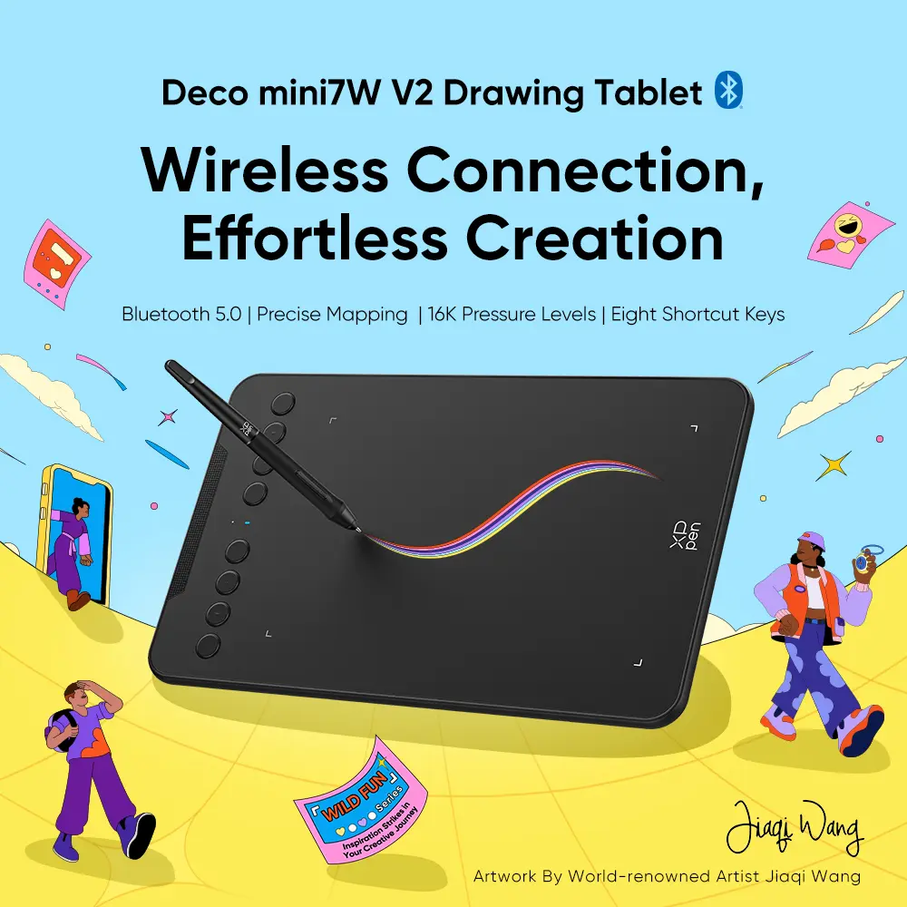 #ArtFight XPPen Graphics Drawing Tablet Deco mini7W V2 Wireless Bluetooth 5.0 Easy Connection 60° Tilt 16K Pressure Levels Stylus Precise Mapping with 8 Shortcut Key Support Connection with Android iPhone iPad PC Computer