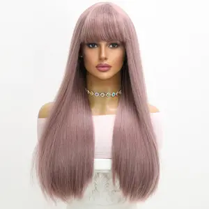 SMILCO/24Inch Pink Long Straight Synthetic With Bangs Synthetic Wig/SM8022