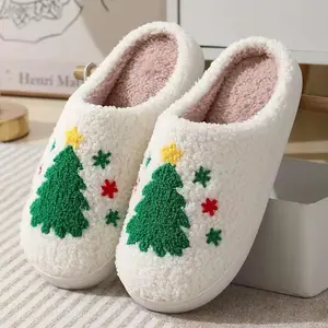 Christmas Slippers Memory Foam for Women Men, Cozy Plush Warm Non-Slip Holiday Slides with Santa Reindeer Designs Indoor Outdoor Flipflop Footwear Slide