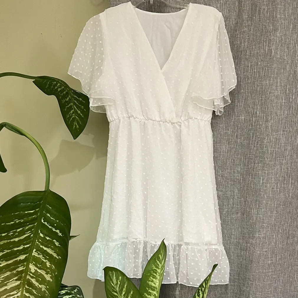 BRAND NEW SHEIN VCAY Swiss Dot Butterfly Sleeve V Neck Ruffle Trim  Dress Size M