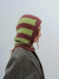 Unisex Striped Pattern Faux Fur Lined Balaclava Hat, Casual Windproof Warm Knit Hat for Fall & Winter, Fashion Accessories for Outdoor Commuting