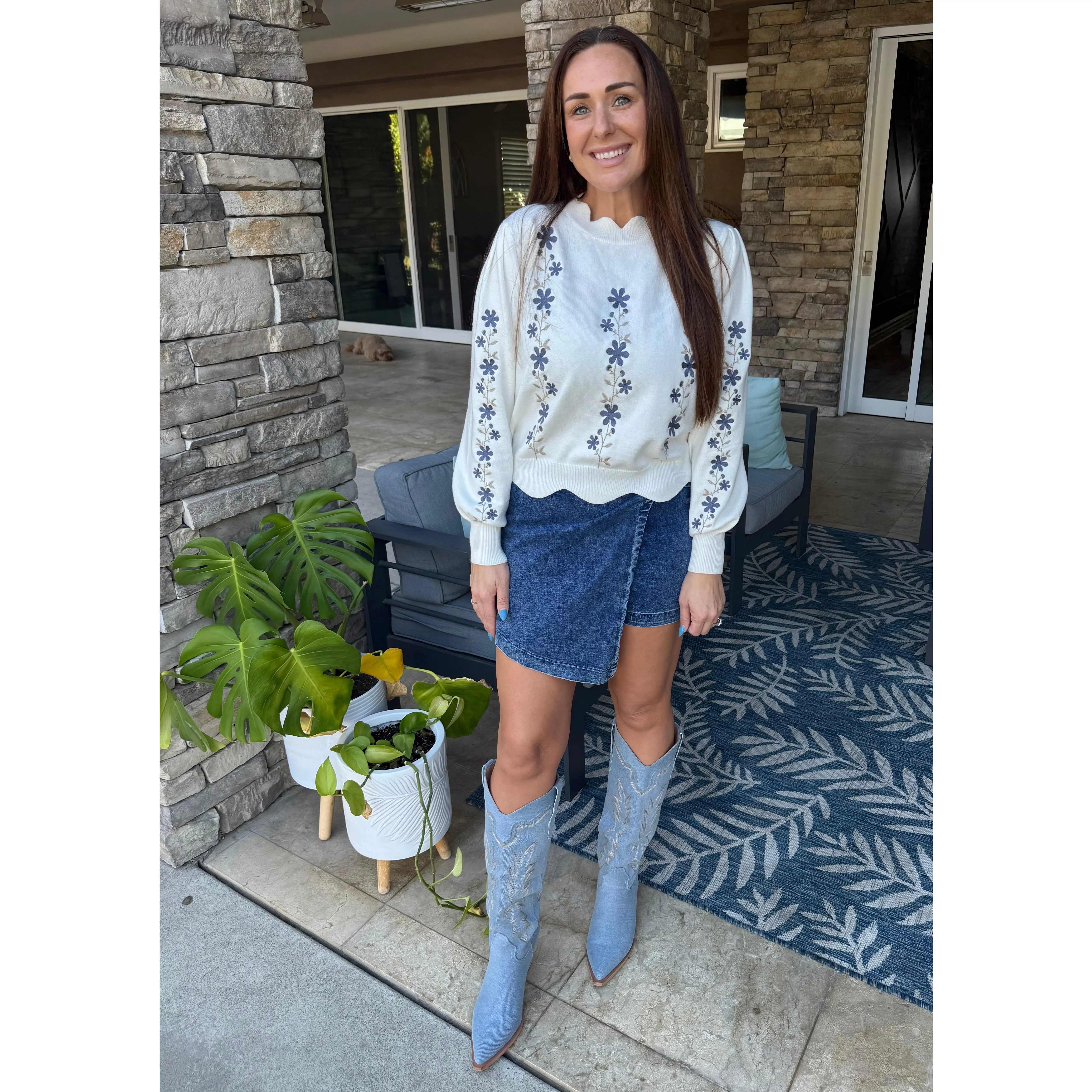 White Floral Embroidered Scallop Hem Cropped Sweater