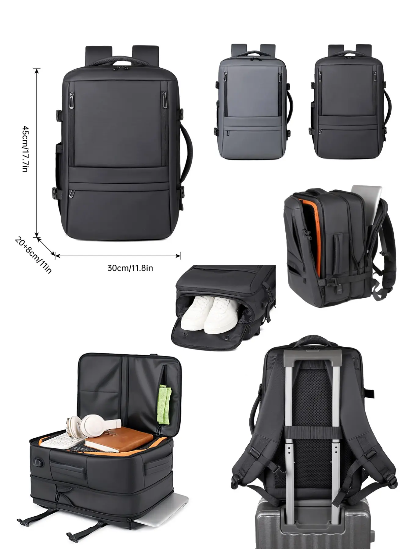 Suitable for Ryanair/EasyJet: 17.7X11.8X11-inch cabin bag/backpack, Business style backpack, travel backpack/airline backpack, for outings and business use, adjustable shoulder straps, 180° opening, zipper closure, includes shoe compartment