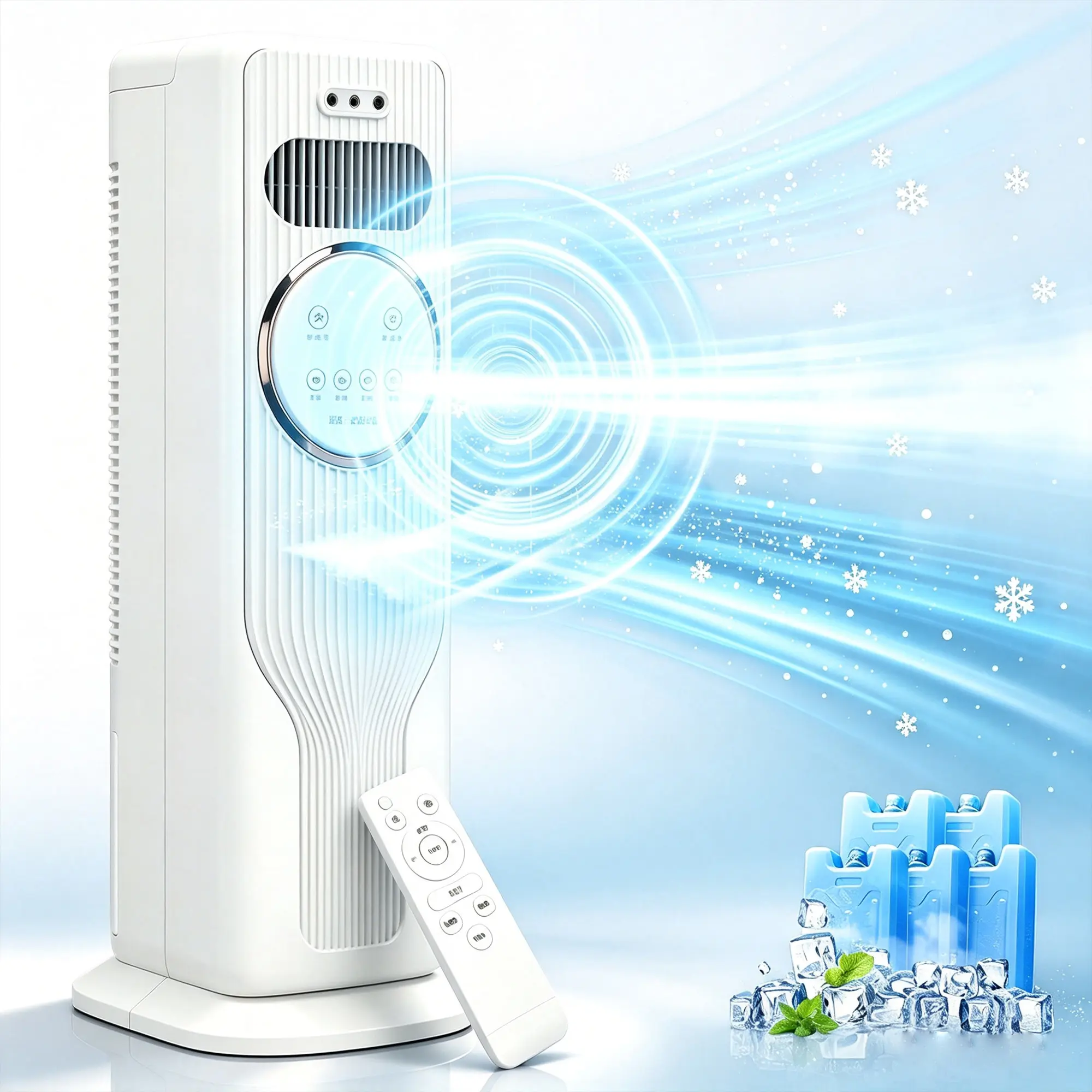 Ultra Powerful Evaporative Ice Cooling Tall Tower Fan with Ice Packs, 120° Swing, Remote Control, 3 Wind Speeds, Low Noise, Space-Saving Portable Air Cooler for Indoor Spaces