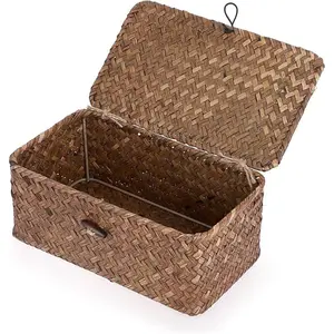 Wicker Shelf Baskets Bin with Lid Handwoven Seagrass Storage Bins Rectangular Household Basket Boxes for Shelf Wardrobe Home Organizer Coffee X-Small Natural Seagrass Multipurpose Organizational Tool