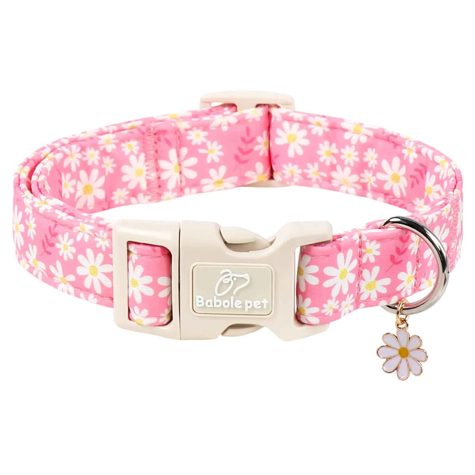 Babole Pet Summer Daisy Dog Collar, Cute Pink Cotton Adjustable Puppy Accessory with Pendants and Plastic Buckle for Small Medium Large Dog Breeds