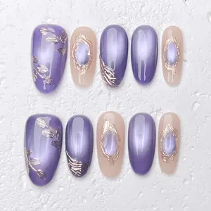 [Violetta] Medium Oval Handmade Press on Nails, Fake Nails with Nail tool kit with Jelly Stickers, Reusable, Durable