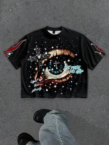 Eye imitation rhinestone print short sleeved T-shirt suitable for both men and women, aesthetic geometric cross print shirt T-shirt, European and American street fashion brand casual fashion shirt short sleeved Y2K, Round Neck, Menswear, Streetwear