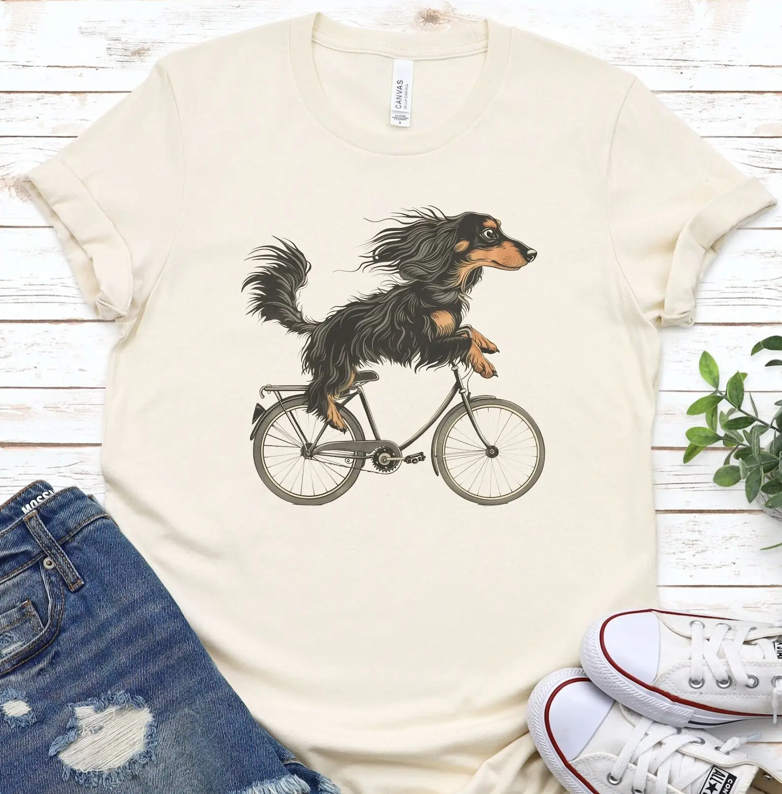 Long Haired Dachshund Cycling T-Shirt - for Doxie Lovers and Bike Enthusiasts