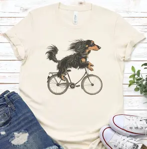 Long Haired Dachshund Cycling T-Shirt - for Doxie Lovers and Bike Enthusiasts