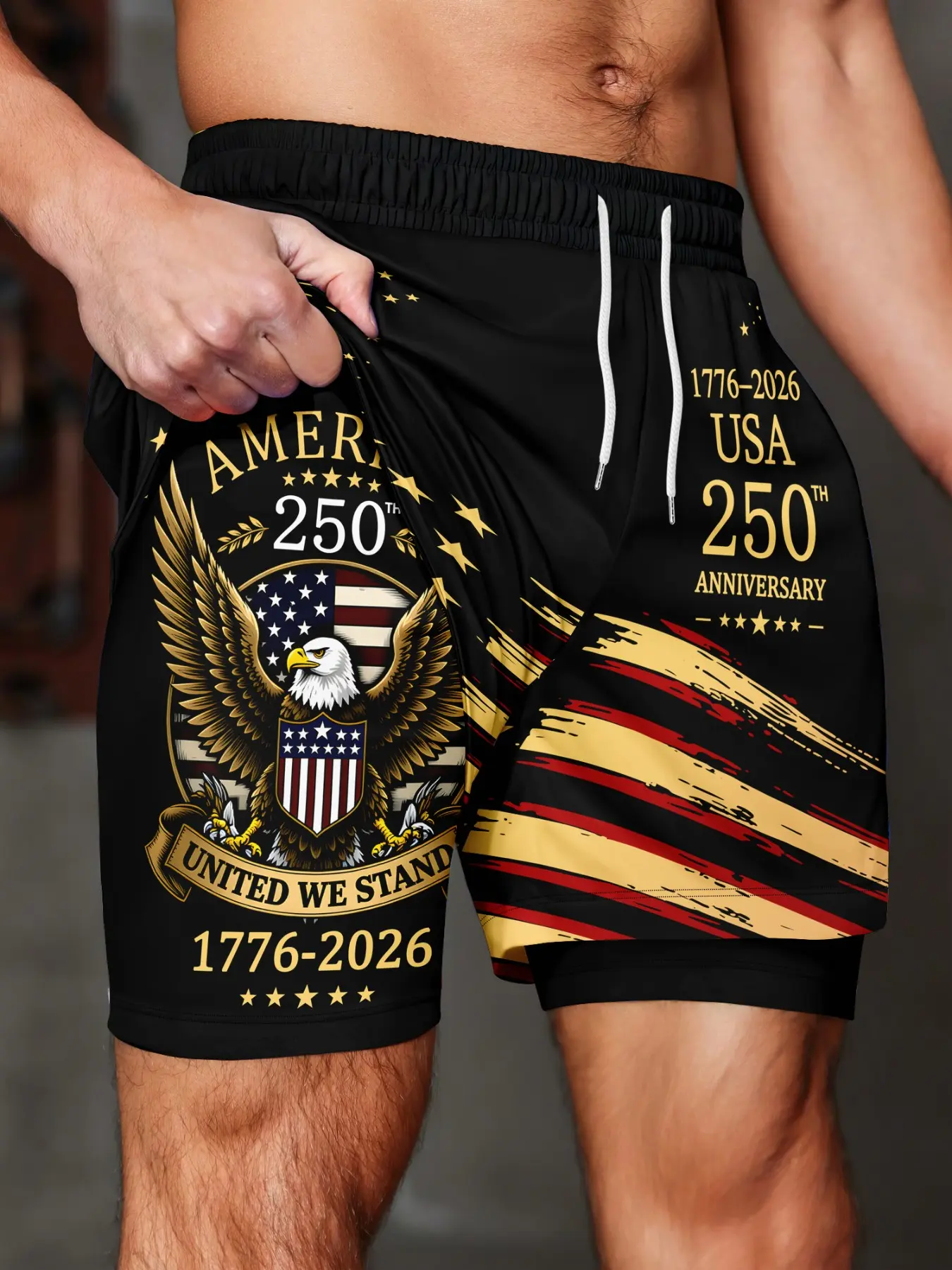 Men's 2-in-1 Quick-Dry Athletic Shorts, USA 250th Anniversary Bald Eagle & Stars and Stripes Print, Drawstring Casual Summer Gym Workout Shorts
