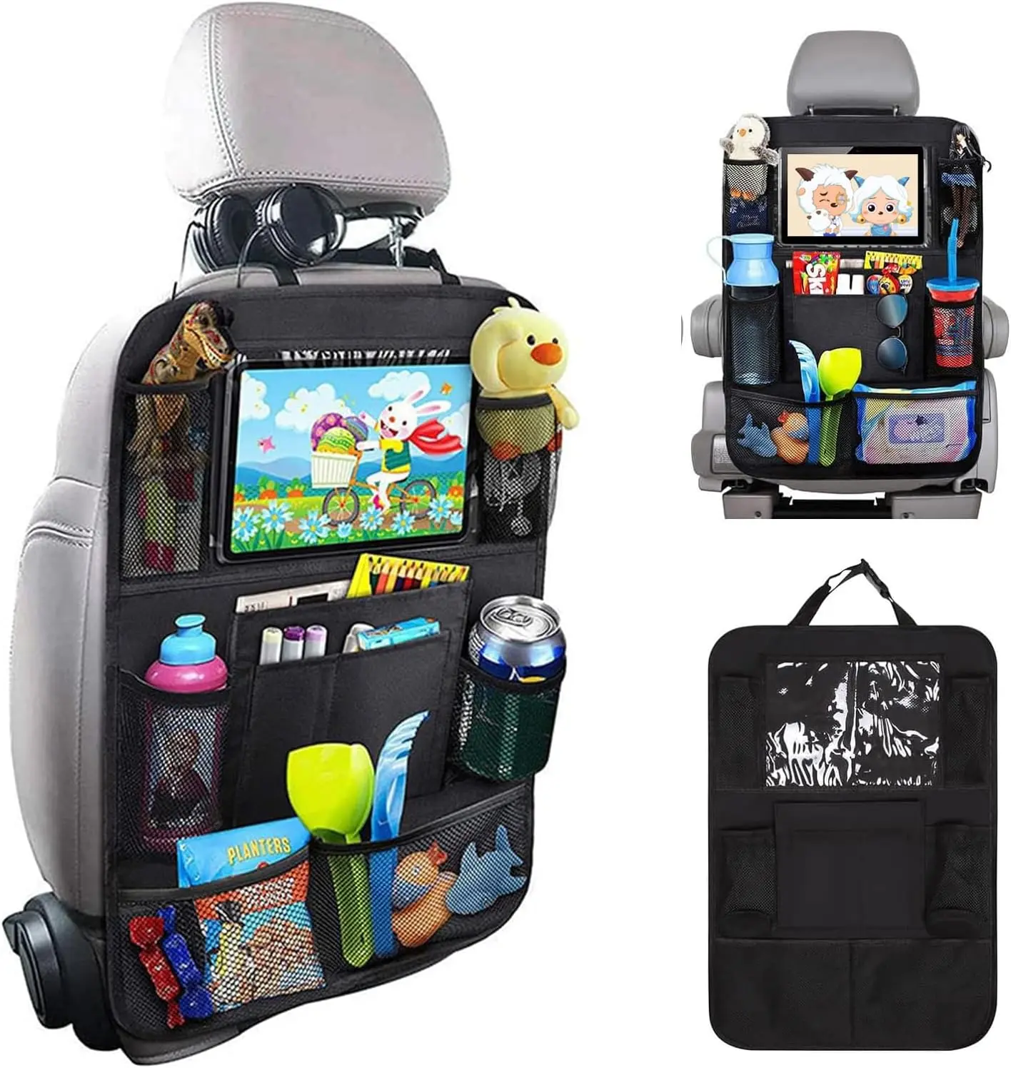 Automotive Car Back Seat Organizer - 1Pack Auto Interior Accessories, 9 Storage Pockets, 10in Tablet Holder, Car Accessories Seat Back Cover Kick Mats for Kids Toddlers
