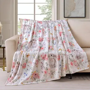 Tupmnbry Pink Flowers Floral Blanket Cute Bunny Throw Blanket Super Soft Flannel Fleece Blankets Lightweight Fluffy Plush Bed Blankets for Bedding Sofa and Travel 50"X60"