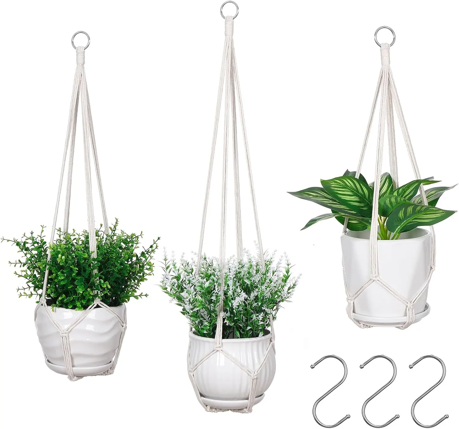 3-Pack Multi-Size Macrame Hanging Planter Baskets with 3 Hooks, 35"/29"/23" Crochet Holders (No Tassels) for Boho Home Decor, Birthday & Housewarming Gifts, Indoor Outdoor Use (POTS NOT Included), Hanging Baskets